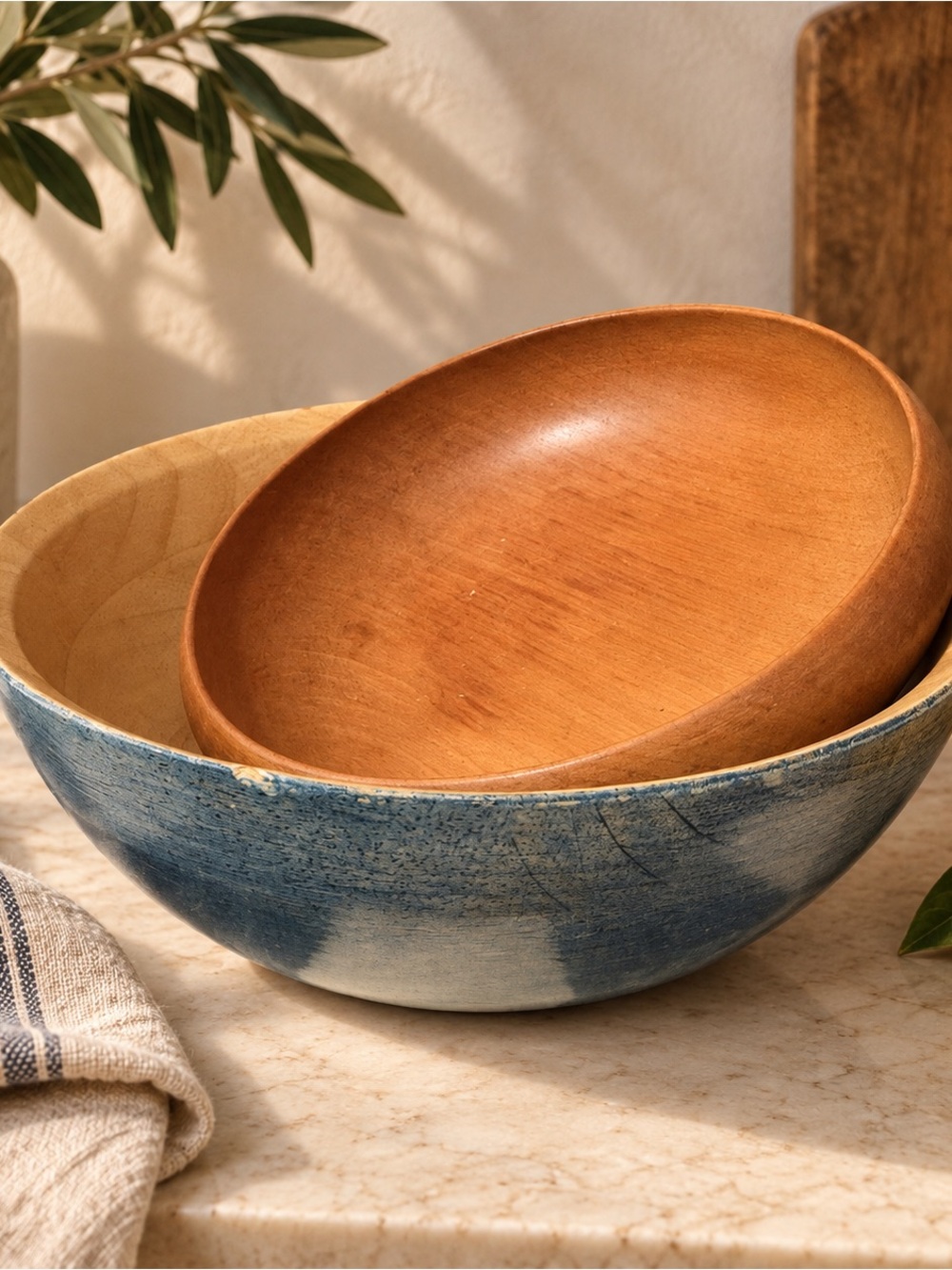 Handcrafted Blue Ceramic Serving Bowl with Wood Insert